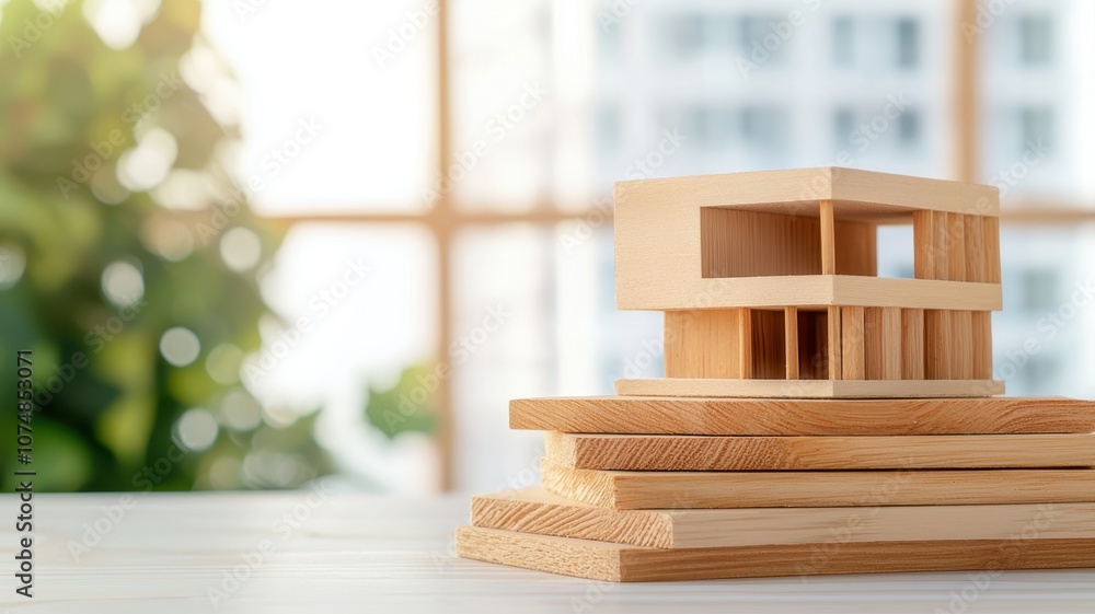 A wooden architectural model sits atop stacked wood pieces, illuminated by natural light from a nearby window, showcasing design creativity. A wooden architectural model sits atop stacked wood pieces, illuminated by natural light from a nearby window, showcasing design creativity.