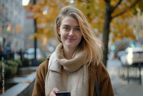 Wallpaper Mural Young Woman Smiling Outdoors in Autumn Setting Torontodigital.ca