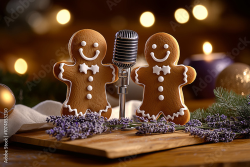 Gingerbread cookies ready for a festive singing competition in a cozy winter setting