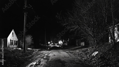 Fototapeta Naklejka Na Ścianę i Meble -  Creepy empty night street in small town. Nightmare, dark alley. Lonely house in mist. Dim light, eerie glow. Haunting anxious city atmosphere. Mystery horror. True crime story concept. Go home late.