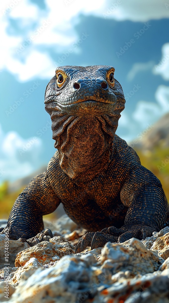 A Komodo dragon stares intensely at the camera, its rough scales and powerful legs visible.