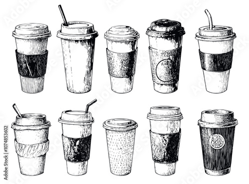 Coffee To Go Cups Collection Engraving Illustration White Background Stylish Coffee Cups Beverage Containers Hot Drinks On The Go Convenient Designs Takeaway Coffee Eco-Friendly