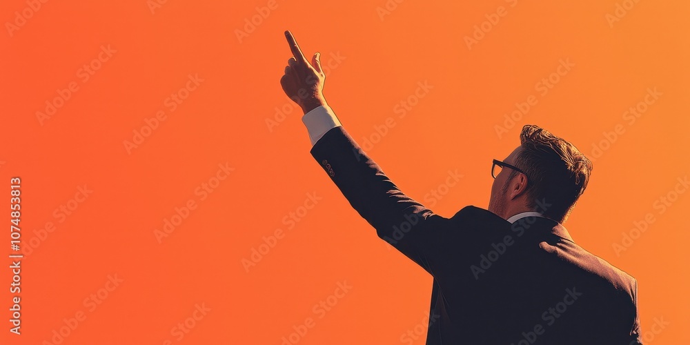 A businessman pointing towards the horizon in an orange sky, symbolizing ambition. A businessman pointing towards the horizon in an orange sky, symbolizing ambition.