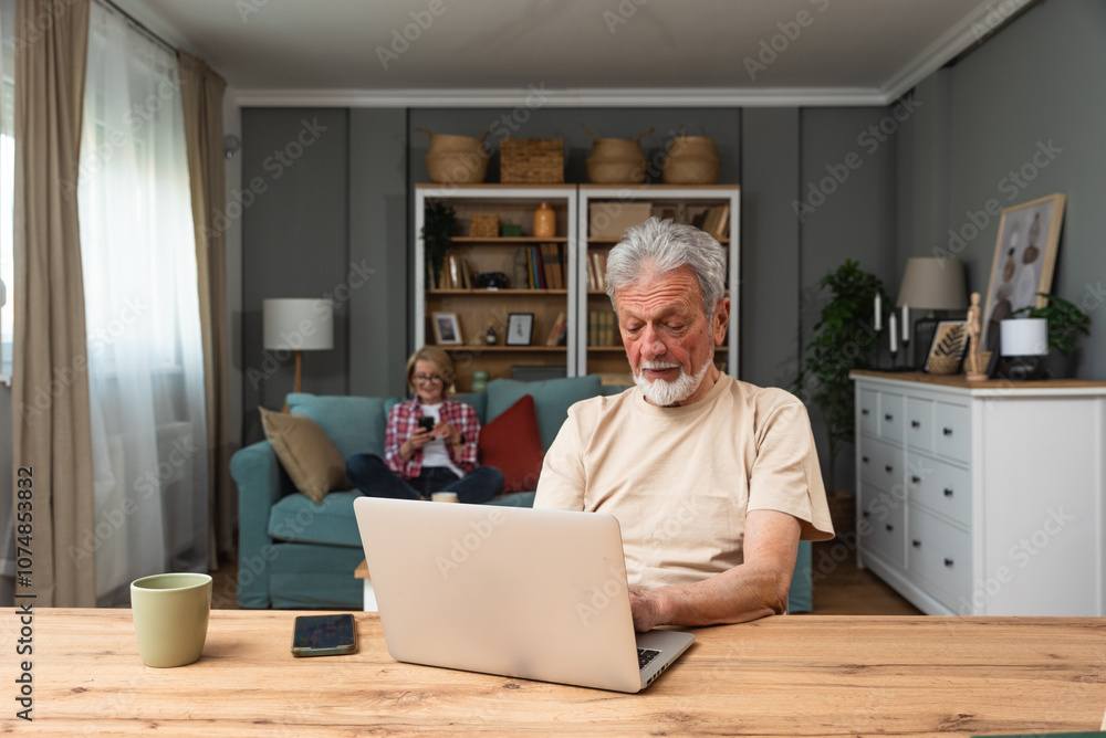 Simple living. Senior couple at home, in living room, using laptop computers, calculating home finances, surfing the net. Man and woman on internet, modern technology concept. Simple living. Senior couple at home, in living room, using laptop computers, calculating home finances, surfing the net. Man and woman on internet, modern technology concept.