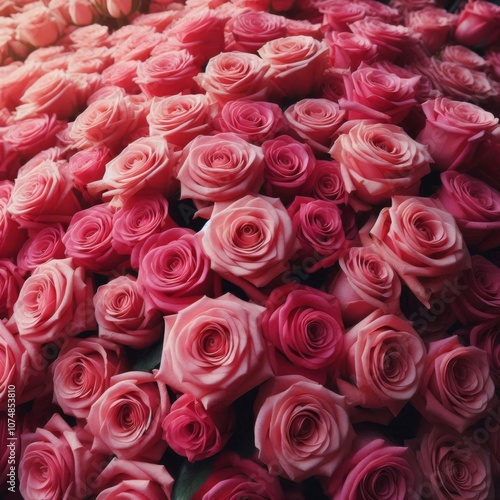 Lush bunches of vibrant pink roses packed closely together, creating a bold floral display.