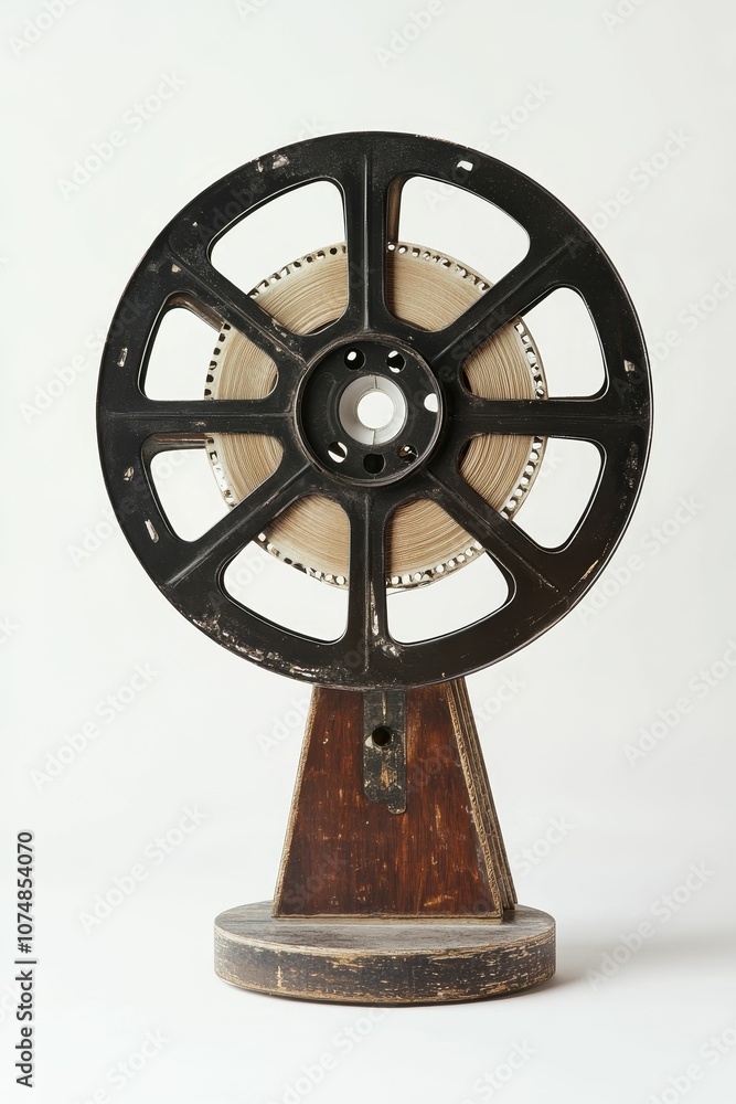 Obraz premium Vintage film reel on wooden stand.
