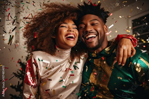 Happy African American couple celebrating christmas confetti. photo