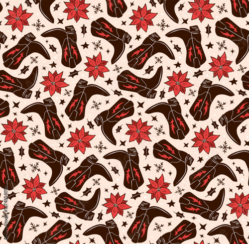 Merry Christmas happy new year  winter holidays seamless pattern with  scattered cowboy cowgirl boots in brown beige red,  western xmas yuletide  vector illustration