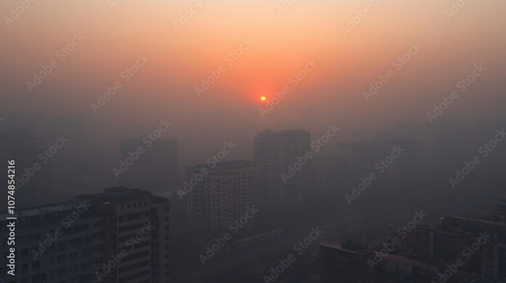 Sunset obscured by thick smog, showing how air pollution dims the natural beauty of the environment Sunset obscured by thick smog, showing how air pollution dims the natural beauty of the environment