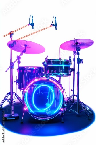 Neon-lit drum set with microphones.