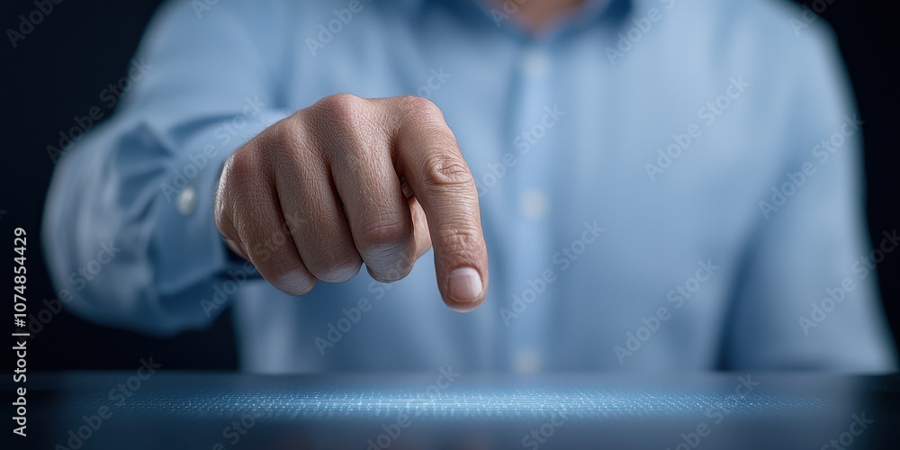 Fototapeta premium A close-up of a finger hovering over a digital surface, symbolizing interaction and innovation.