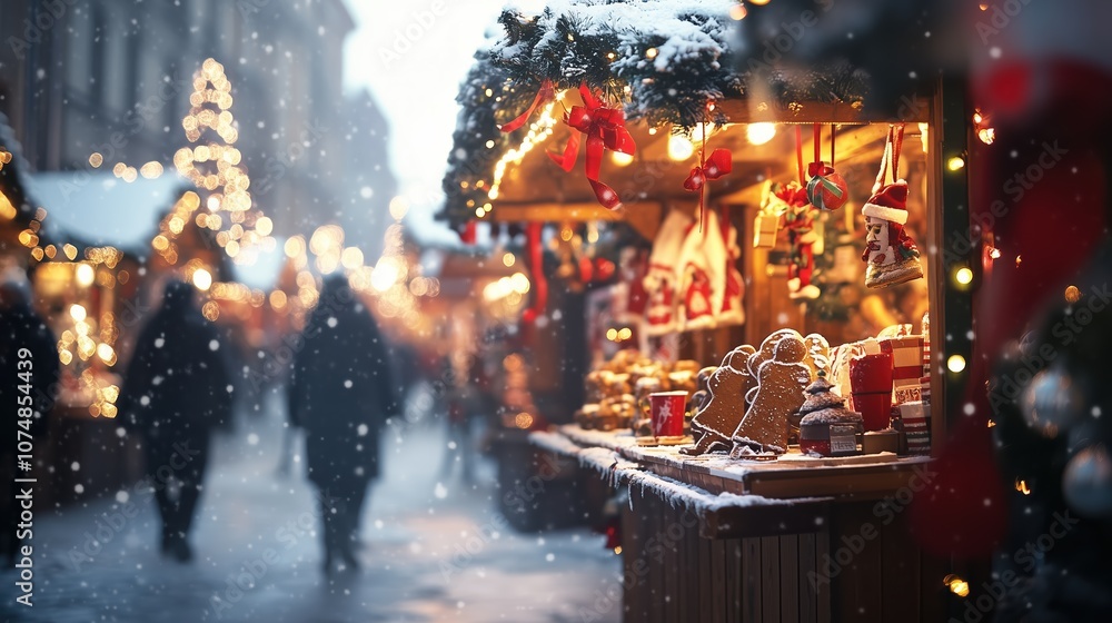 Obraz premium The bustling Christmas market is decorated with lights and ornaments, as visitors enjoy warm treats and explore numerous festive stalls beneath fresh falling snow