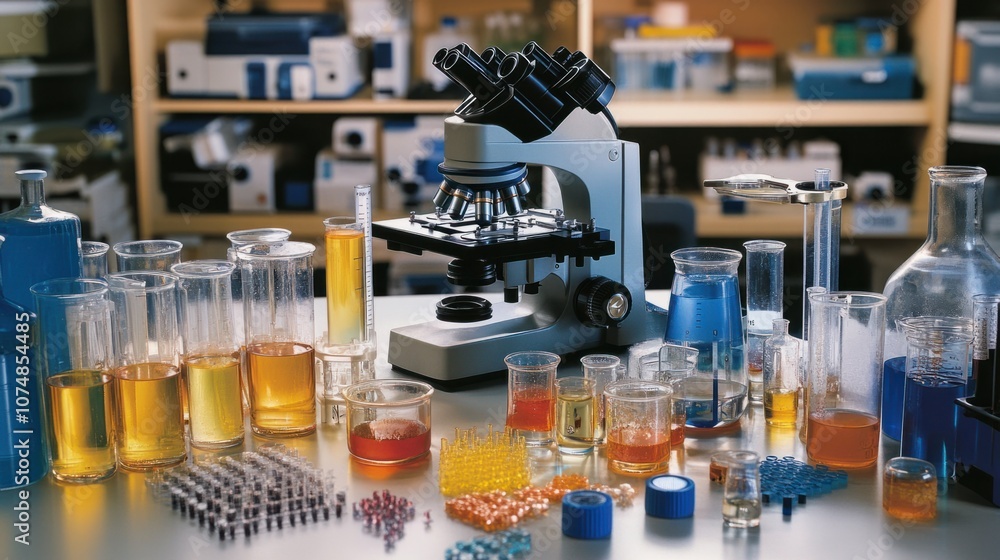 Biology background with a close-up of biological samples, microscopes, and research tools on the lab bench Biology background with a close-up of biological samples, microscopes, and research tools on the lab bench