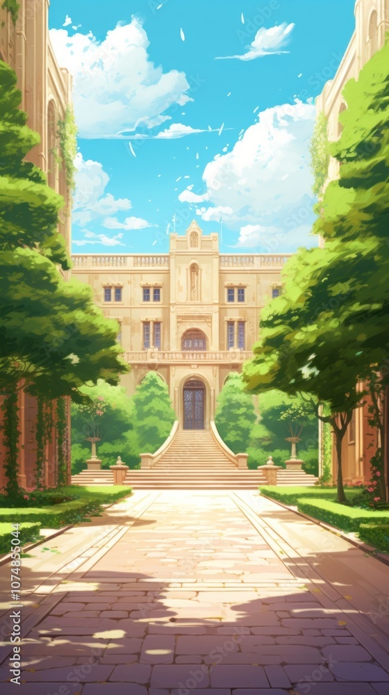 Fototapeta premium Serene warm Entrance of empty Muslim university architecture outdoors building.