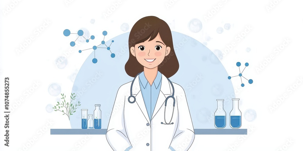 A female scientist smiles confidently in a laboratory setting. A female scientist smiles confidently in a laboratory setting.