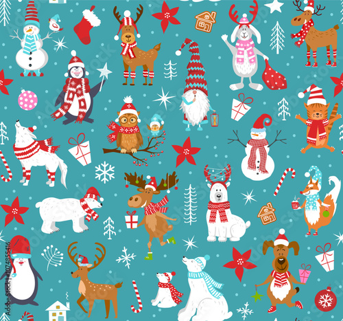 Merry Christmas happy new year  winter holidays woodland animals seamless pattern with  cute adorable funny cartoon polar arctic bears cats dogs wolf hare reindeer deer owl bird penguin fox  moose, 