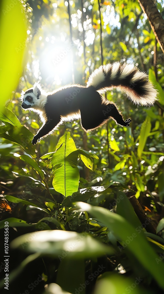 Naklejka premium A black and white lemur leaps through the air in a lush tropical forest. The sun shines brightly through the canopy, creating a beautiful halo around the lemur's body.