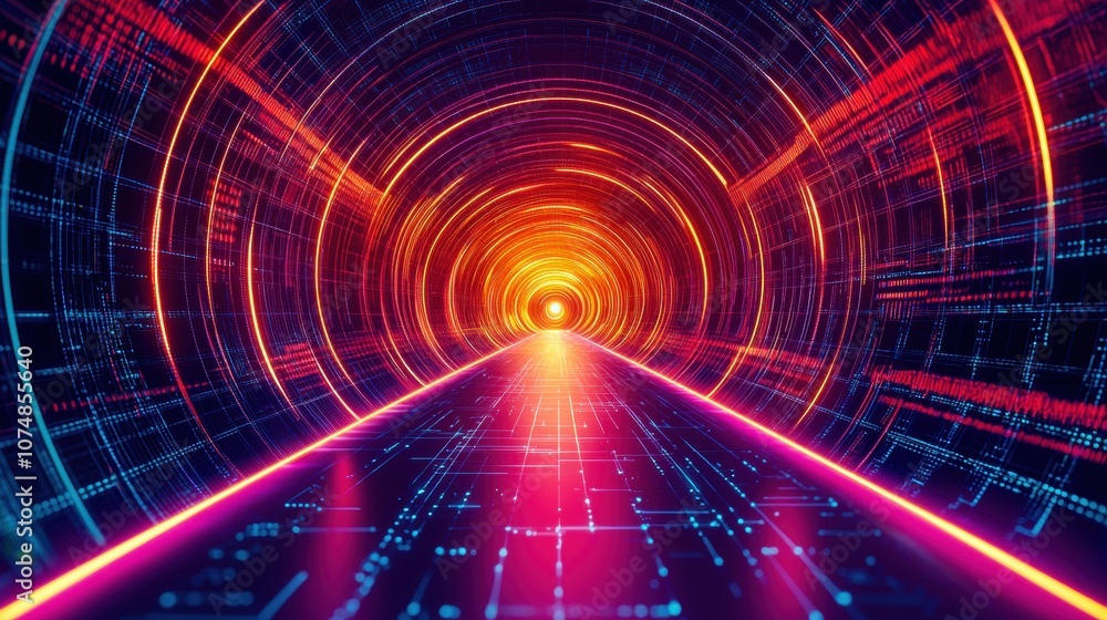 A vibrant, futuristic tunnel with glowing lines and digital patterns, leading toward a bright light at the end, conveying a sense of depth and motion. A vibrant, futuristic tunnel with glowing lines and digital patterns, leading toward a bright light at the end, conveying a sense of depth and motion.