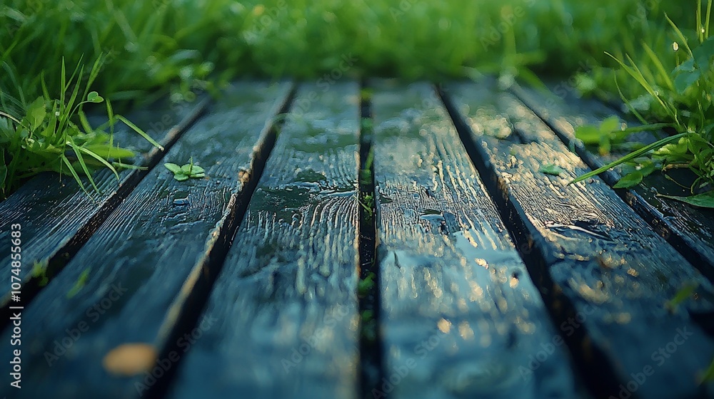 A close-up of wooden planks with grass and water droplets, evoking a serene outdoor atmosphere. A close-up of wooden planks with grass and water droplets, evoking a serene outdoor atmosphere.
