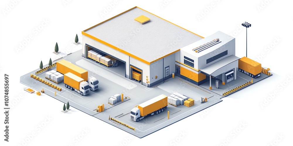 Isometric view of a large warehouse with trucks loading and unloading goods. Isometric view of a large warehouse with trucks loading and unloading goods.