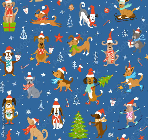 Merry Christmas happy new year  winter holidays seamless pattern with  cute adorable funny cartoon dogs on dusty blue background, xmas yuletide  repeat design print, vector illustration