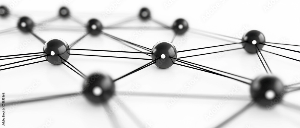 A close-up view of a network of interconnected black spheres and lines, representing a graph or molecular structure in a minimalist setting. A close-up view of a network of interconnected black spheres and lines, representing a graph or molecular structure in a minimalist setting.
