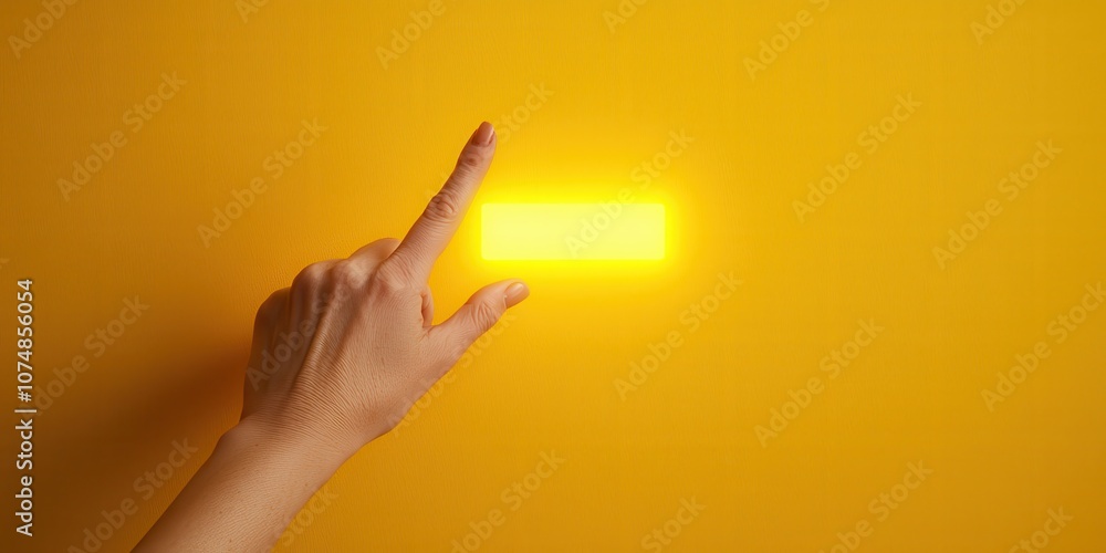 A hand touches a glowing yellow light on a vibrant wall, symbolizing creativity. A hand touches a glowing yellow light on a vibrant wall, symbolizing creativity.