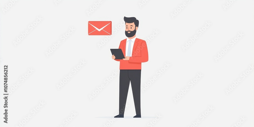 A man checks his emails on a tablet while standing with a message icon above him. A man checks his emails on a tablet while standing with a message icon above him.