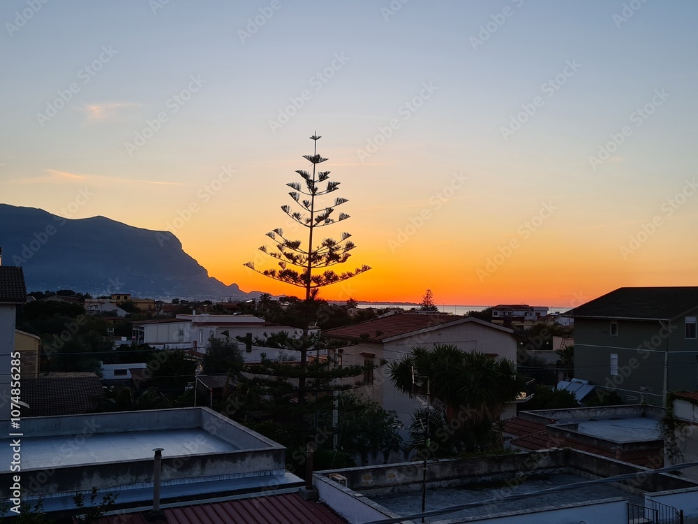 evocative image of sunset with silhouette of houses and trees in the background evocative image of sunset with silhouette of houses and trees in the background