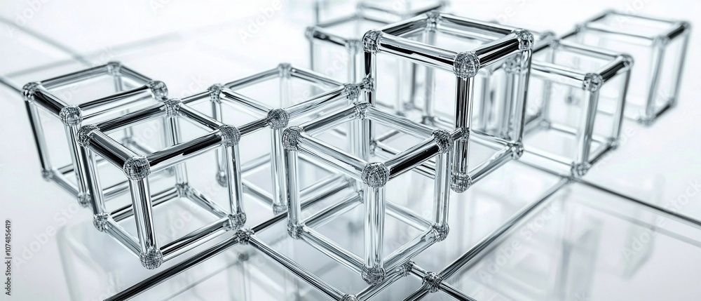 Clear glass blocks arranged in a geometric pattern, reflecting light, creating an abstract, modern aesthetic. Clear glass blocks arranged in a geometric pattern, reflecting light, creating an abstract, modern aesthetic.