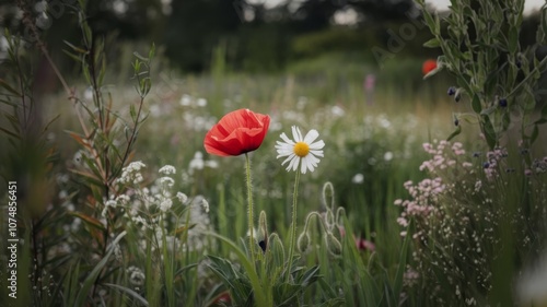 Two beautiful garden flowers side by side, surrounded by greenery photo