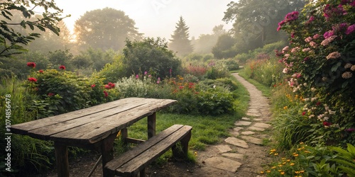 Wooden Table Garden Landscape AI Photo, Outdoor Dining, Scenic View