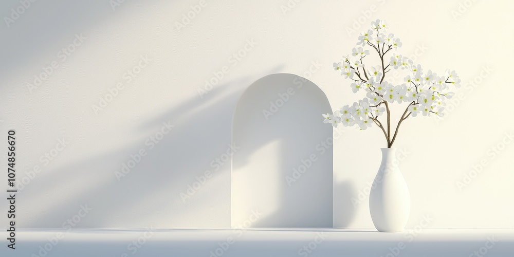 Obraz premium A minimalist interior featuring a vase with white flowers against a soft, bright backdrop.