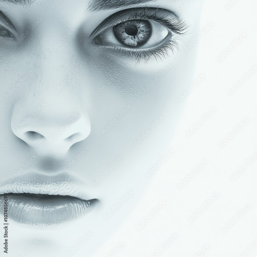 Fototapeta premium Close-up of a woman's eye, nose, and lips.