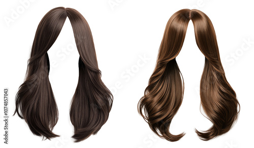 long layered hair style wigs in brown colors. Beautiful women's wigs. transparent background