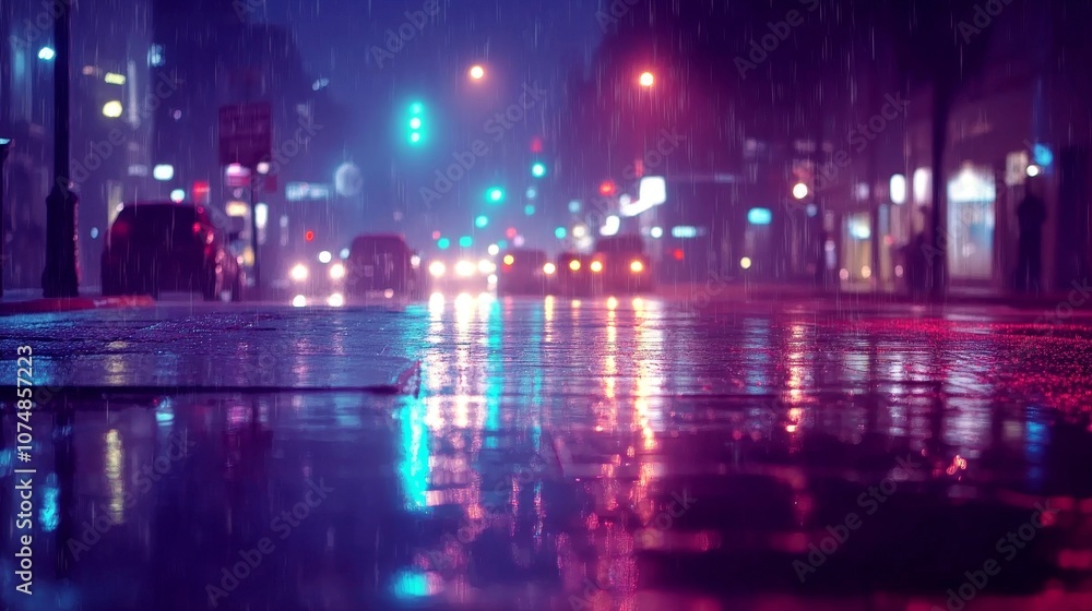 Cinematic night rain scene with vibrant city street lights reflections Cinematic night rain scene with vibrant city street lights reflections
