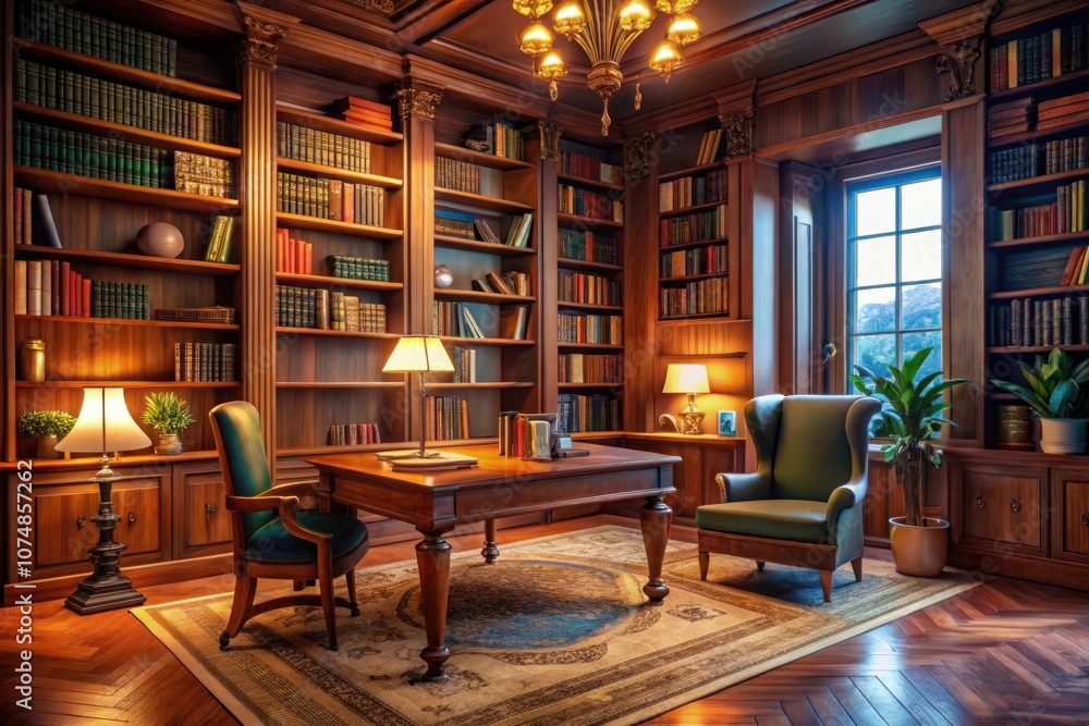 a library with a green chair and a lamp on the table a library with a green chair and a lamp on the table