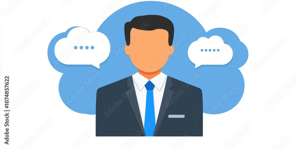 A professional man in a suit with speech bubbles, representing communication and ideas. A professional man in a suit with speech bubbles, representing communication and ideas.