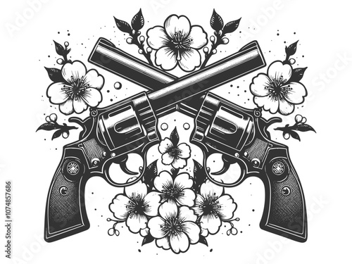 crossed revolvers surrounded by blooming sakura cherry blossoms, fusion of toughness and beauty sketch engraving generative ai vector illustration. Scratch board imitation. Black and white image.
