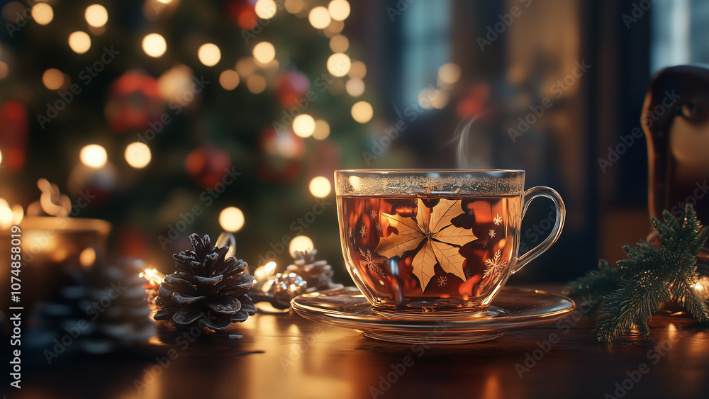 Warm Christmas Tea and Tree: Realistic Holiday Atmosphere Warm Christmas Tea and Tree: Realistic Holiday Atmosphere