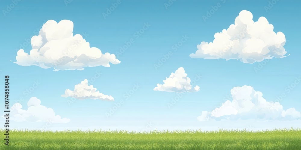 Fototapeta premium A serene landscape featuring a clear sky with fluffy clouds above a lush green field.
