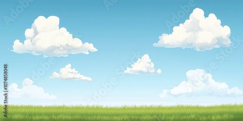 A serene landscape featuring a clear sky with fluffy clouds above a lush green field.