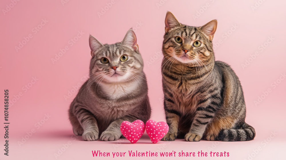 Playful valentine cats with heart-shaped treats on pink background for greeting card design Playful valentine cats with heart-shaped treats on pink background for greeting card design