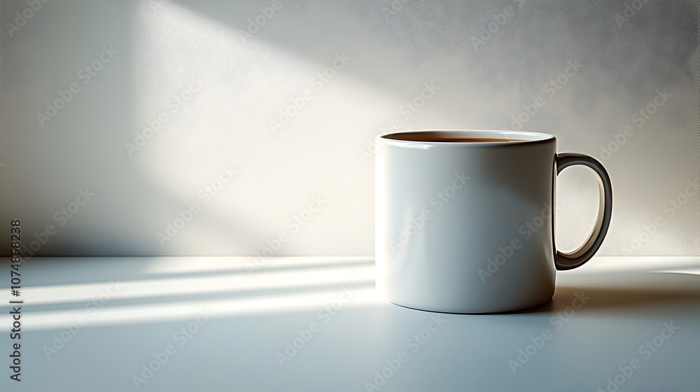 Obraz premium Steaming cup of fresh hot coffee resting on a wooden desk,bathed in warm natural daylight. A moment of relaxation and contemplation in a minimalist,cozy office setting.