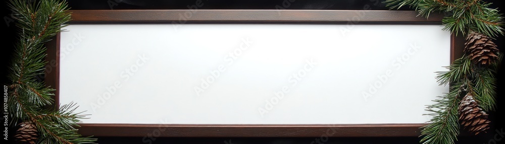 Obraz premium A blank sign framed by pine branches and cones, suitable for seasonal decoration.