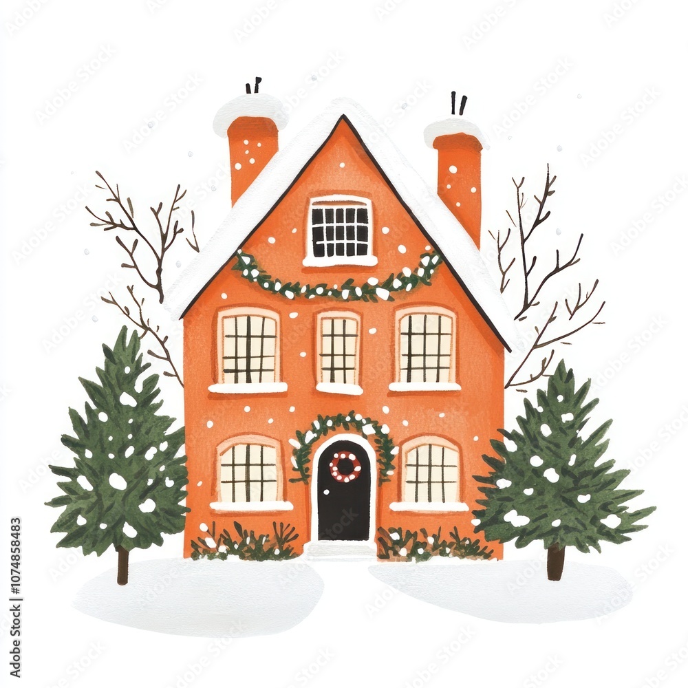 Naklejka premium Christmas house illustration trees.