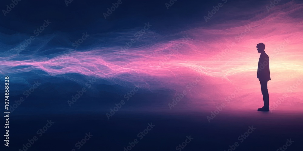 A silhouette of a person amidst vibrant, colorful waves representing emotions. A silhouette of a person amidst vibrant, colorful waves representing emotions.