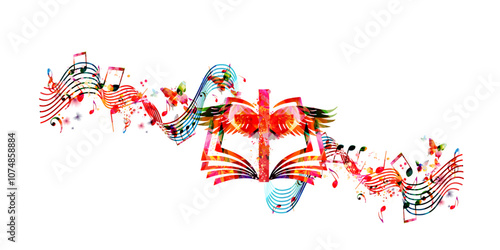 Colorful christian cross with music notes isolated vector illustration. Religion themed background. Design for gospel church music, choir singing, concert, festival, Christianity, prayer	
