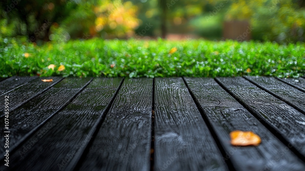 A close-up view of a wooden deck with wet planks and lush green grass in the background. A close-up view of a wooden deck with wet planks and lush green grass in the background.