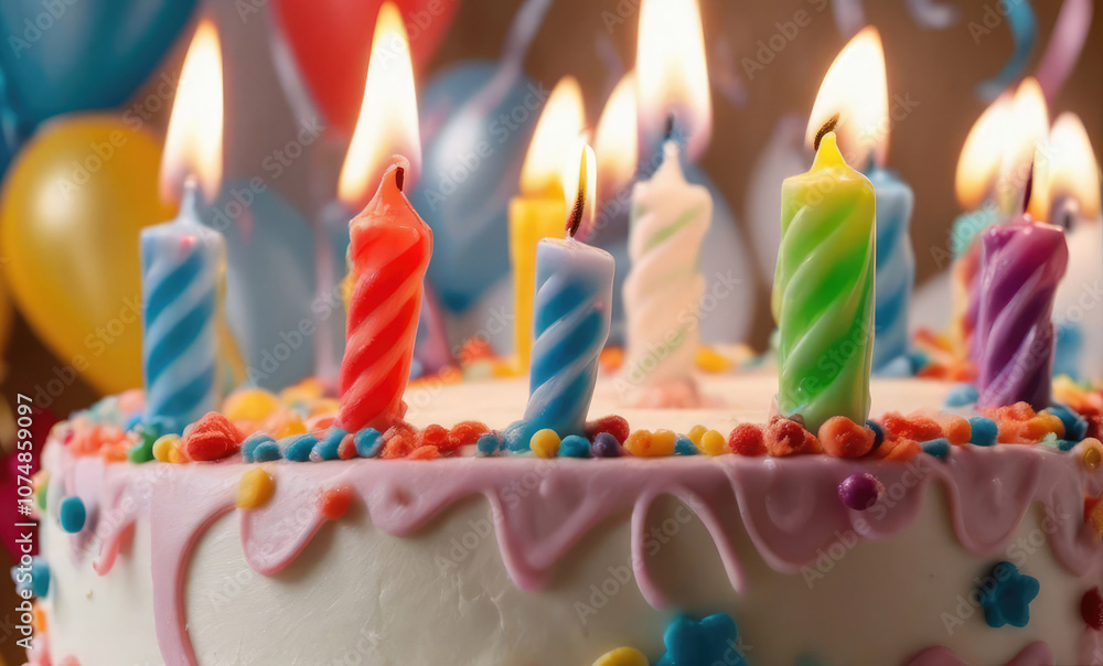 A decorated cake with lit candles during a birthday celebration close up. A decorated cake with lit candles during a birthday celebration close up.